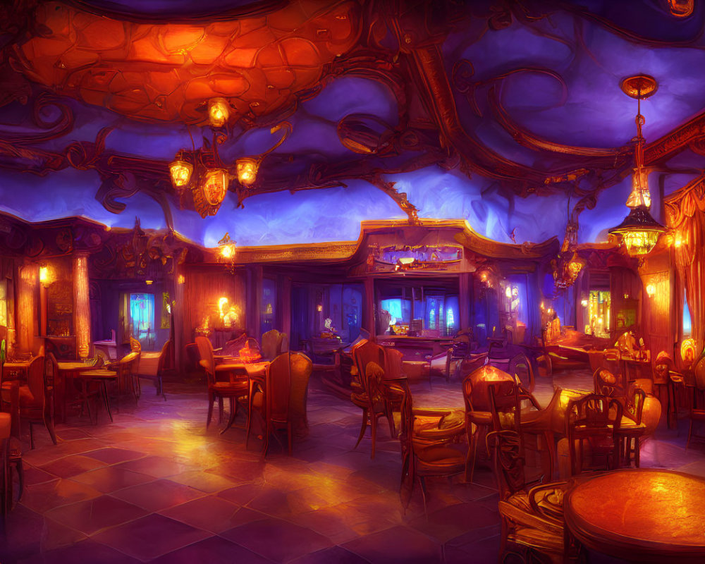 Opulent Fantasy-Themed Tavern with Warm Lighting & Ornate Wooden Furnishings