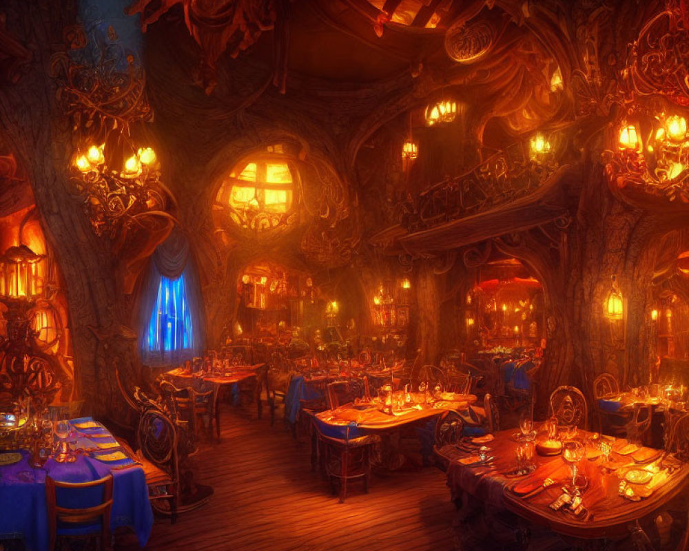 Cozy fantasy tavern with wooden interiors and glowing lights