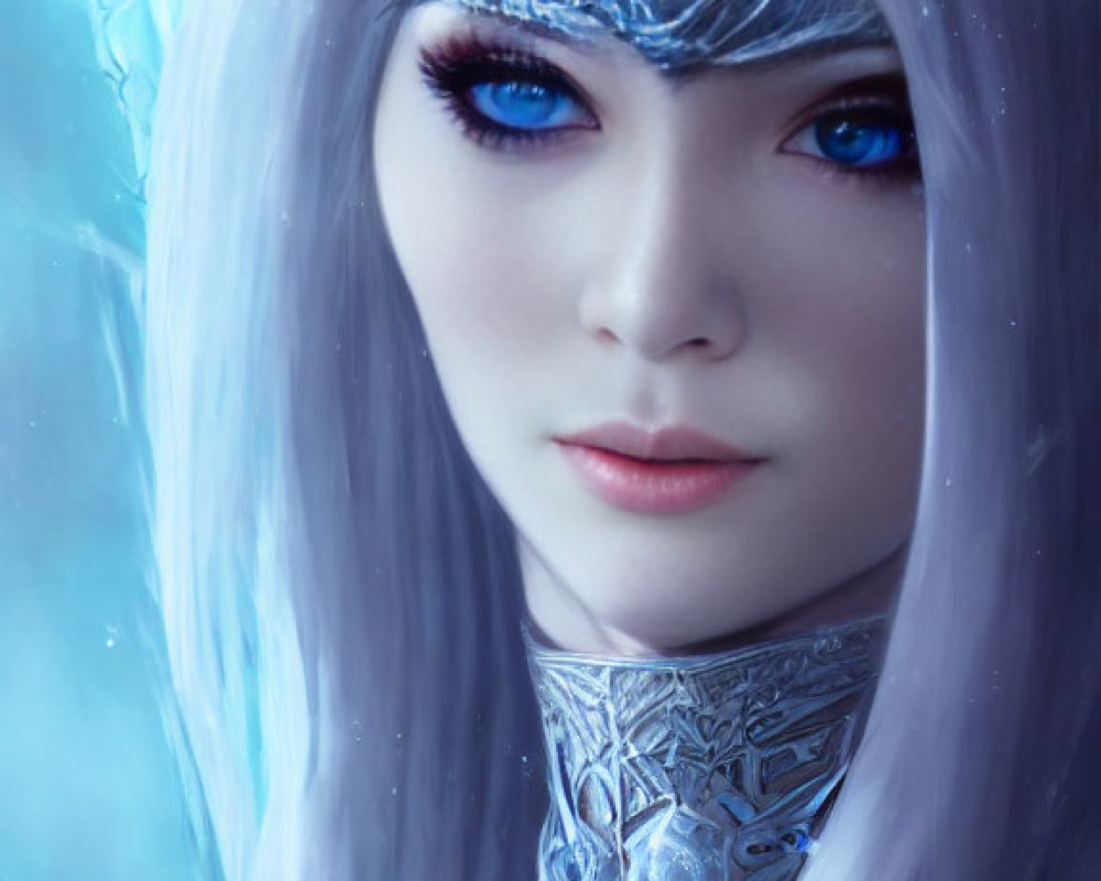 Fantasy character with silver hair, blue eyes, ornate mask, and ice-like adornments