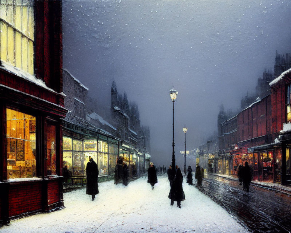 City street scene on a snowy evening with pedestrians and glowing shop fronts