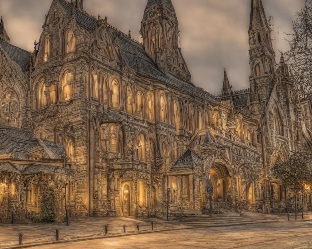 Gothic church with intricate facades and spires at dusk in HDR.