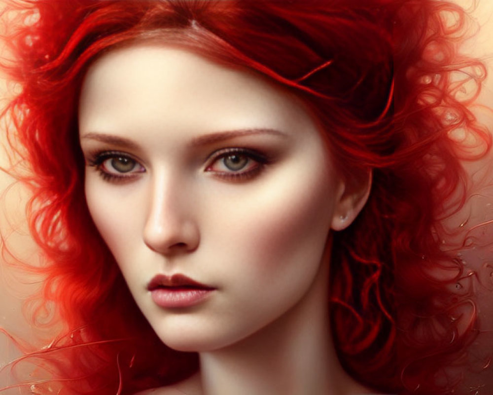 Digital portrait: Woman with red hair and green eyes on soft-focus background