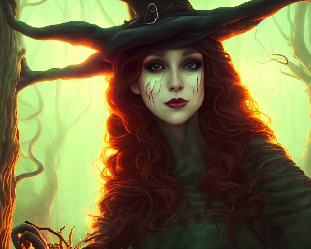 Red-haired woman with forest-themed makeup in twig hat in mystical green-lit woodland