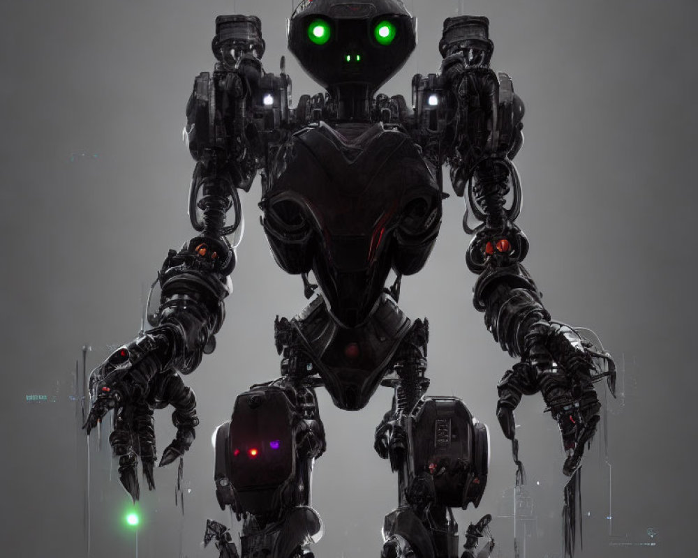 Menacing robotic figure with green eyes in futuristic setting