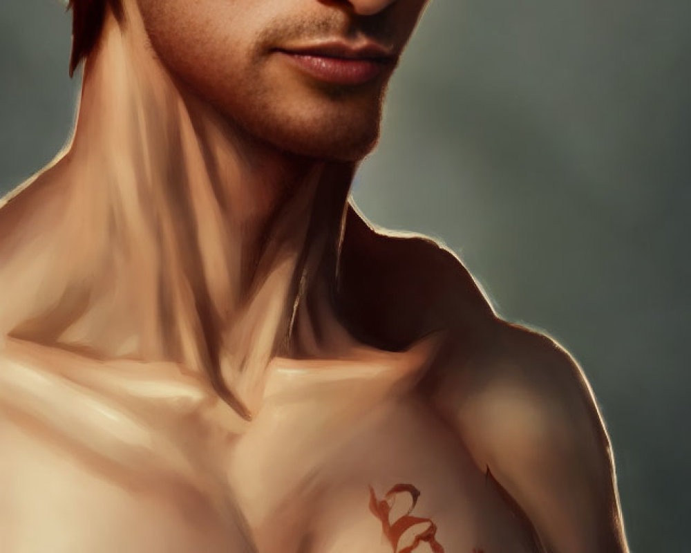 Red-haired bare-chested man with dragon tattoo in digital art