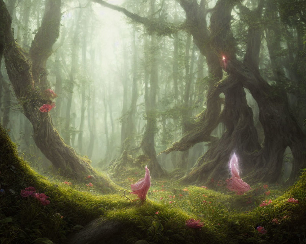 Misty forest with twisted trees, vibrant flora, and glowing crystals