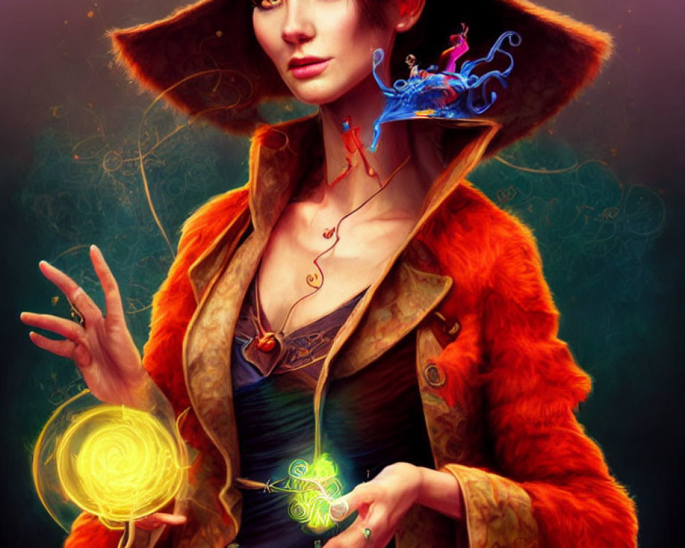 Fantasy sorceress digital artwork with glowing orb and dragon