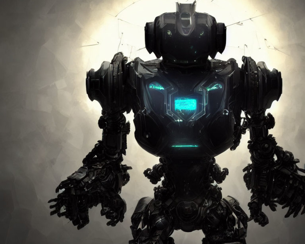 Imposing humanoid robot with glowing eyes in illuminated chest cavity