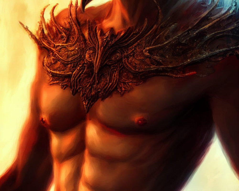 Detailed artwork of muscular humanoid with bull horns and collar armor in fiery setting