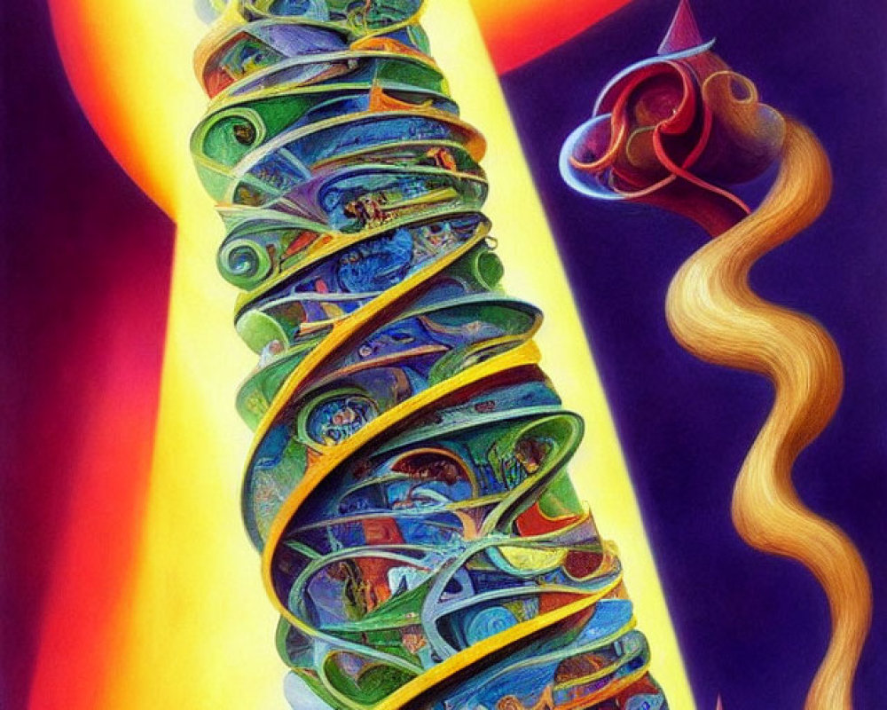 Vibrant Psychedelic Painting of Spiraling Tower and Whimsical Structure