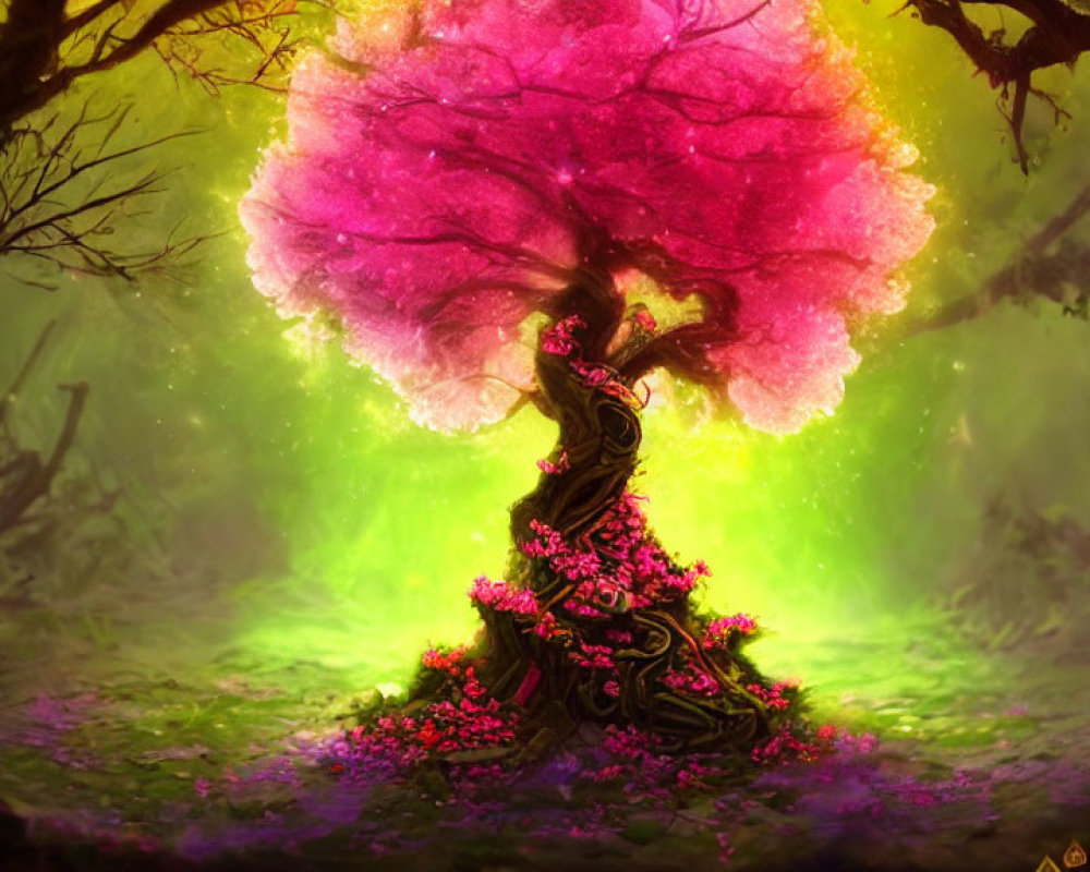 Colorful digital artwork: Mystical tree with pink canopy in green forest