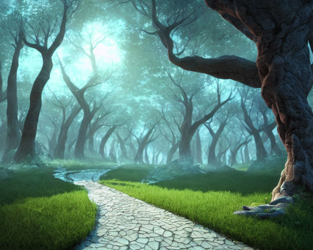 Mystical forest with twisted trees and stone path