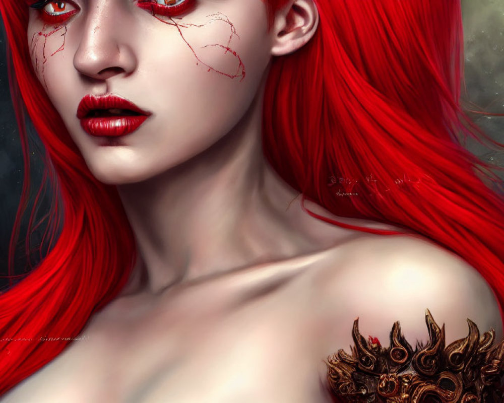 Digital artwork of person with red hair, pale skin, and ornate armor