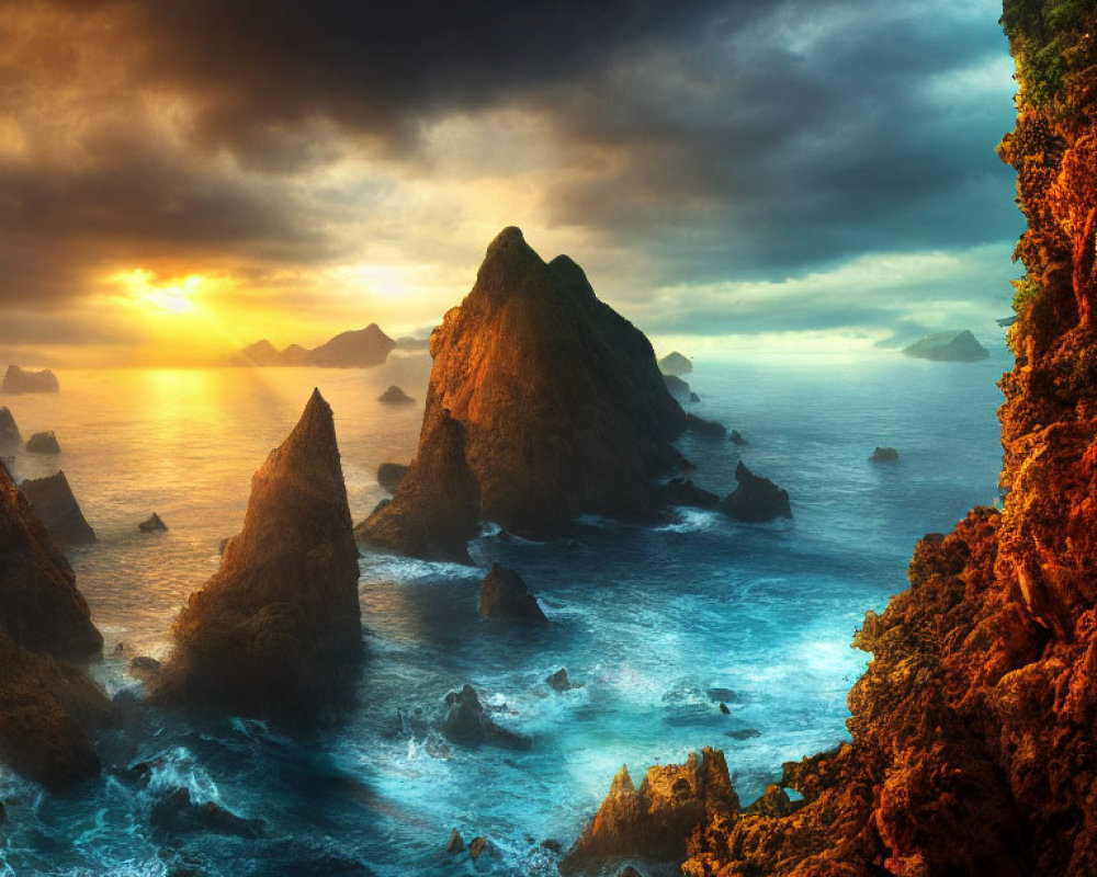 Dramatic ocean landscape with rugged cliffs and rock formations at sunset