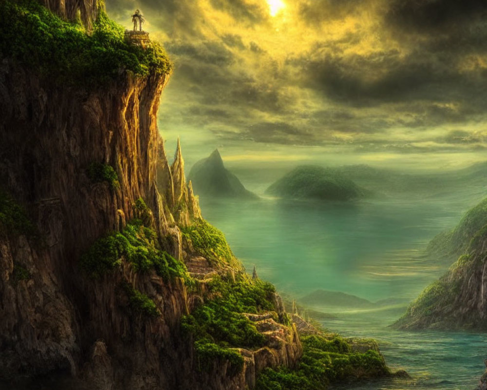 Lighthouse on Verdant Cliff Overlooking Misty Sea