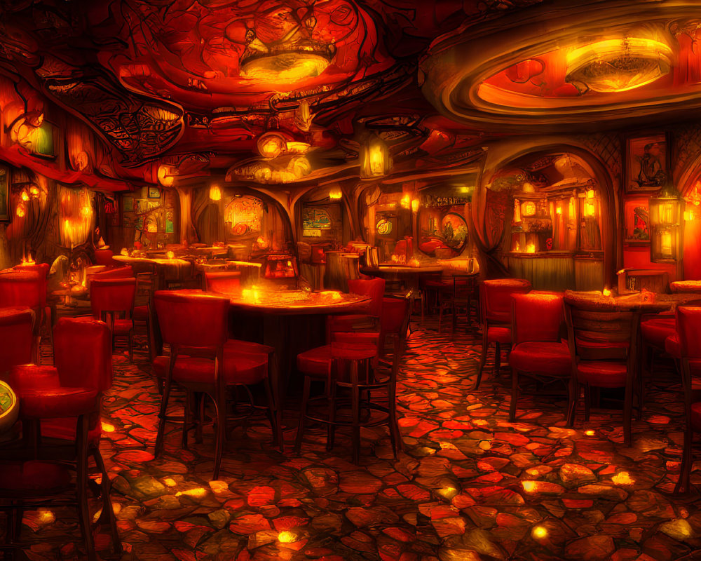 Cozy Fantasy Tavern Interior with Red Chairs and Wooden Tables