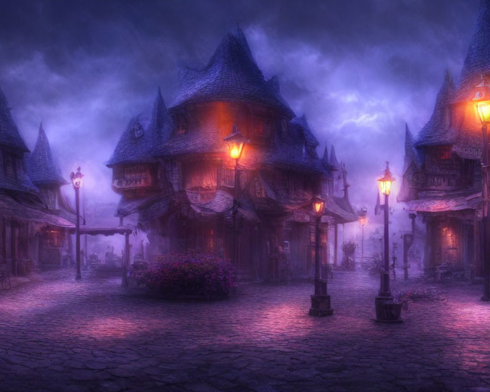 Mystical village at twilight: cobblestone streets, lanterns, purple fog.