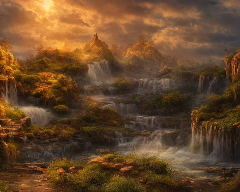 Mystical landscape with cascading waterfalls and lush green hills