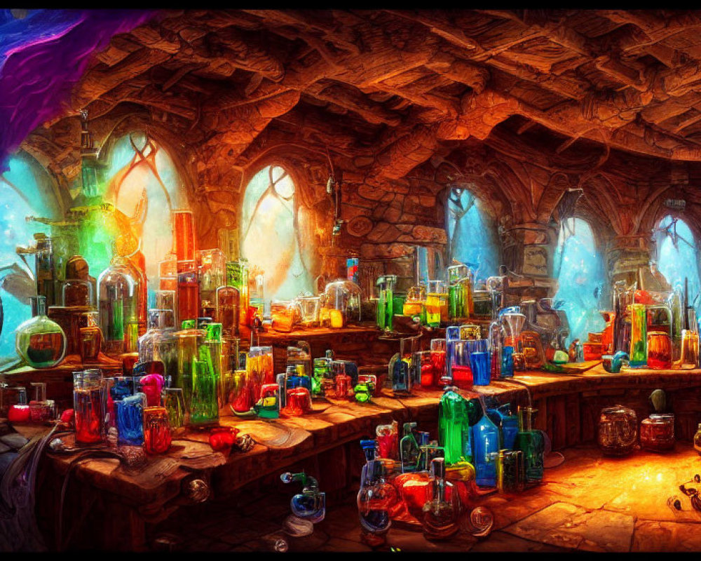 Colorful Alchemist's Laboratory with Bottles and Potions