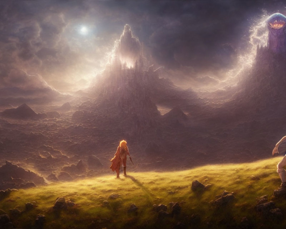 Fantasy landscape with girl, dark castle, giant creature, and statue under stormy sky