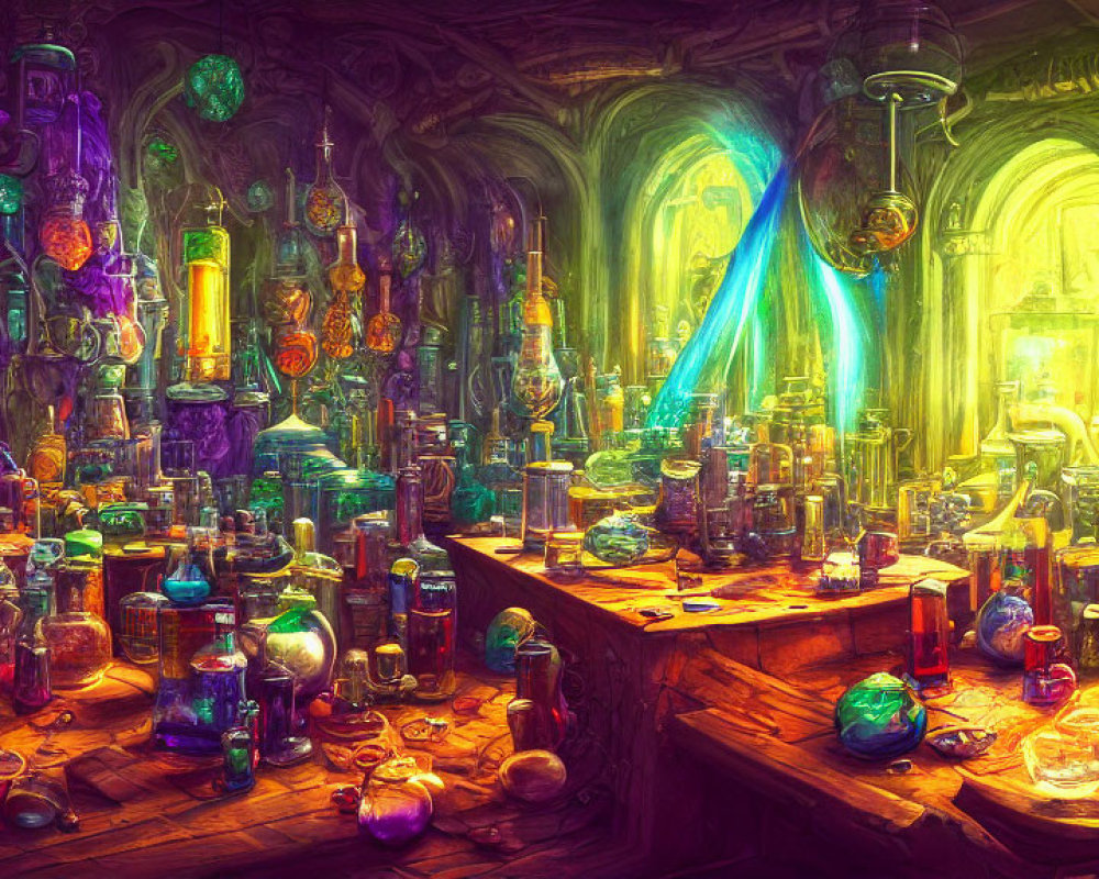 Vibrant alchemist's lab with colorful potions and magical artifacts