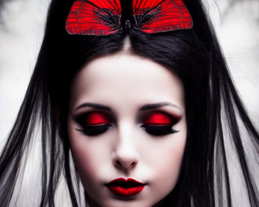 Woman with Red Makeup and Butterfly in Hair on Monochrome Background