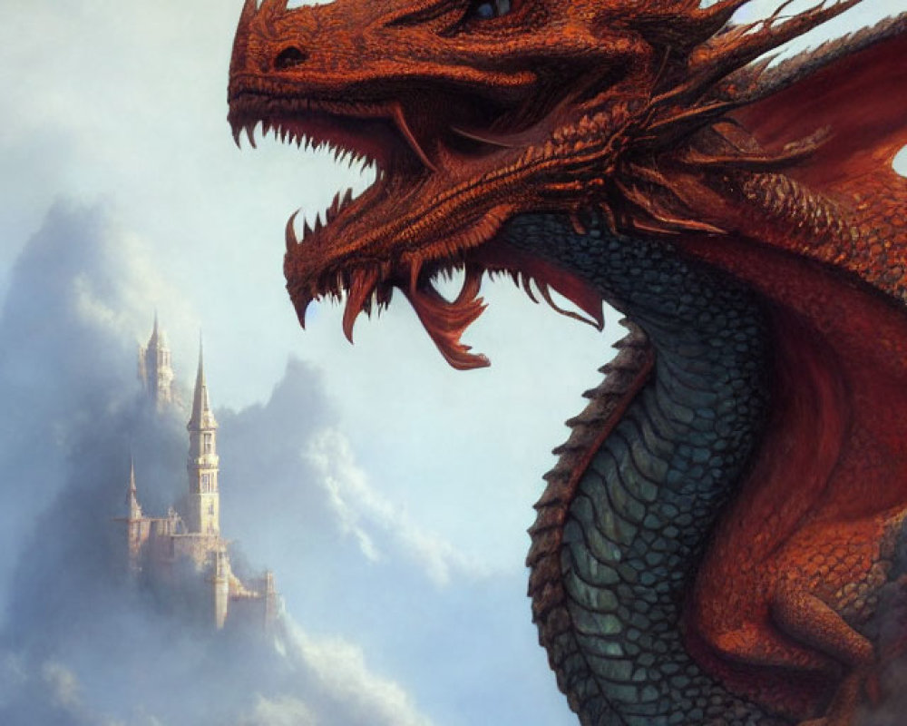 Red dragon and misty castle fantasy scene