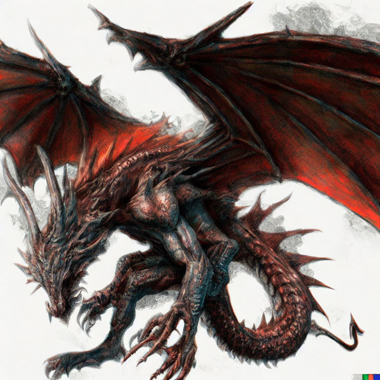 Detailed Dragon Sketch with Expansive Wings, Sharp Claws, and Red & Blue Textured S