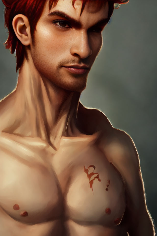 Red-haired bare-chested man with dragon tattoo in digital art