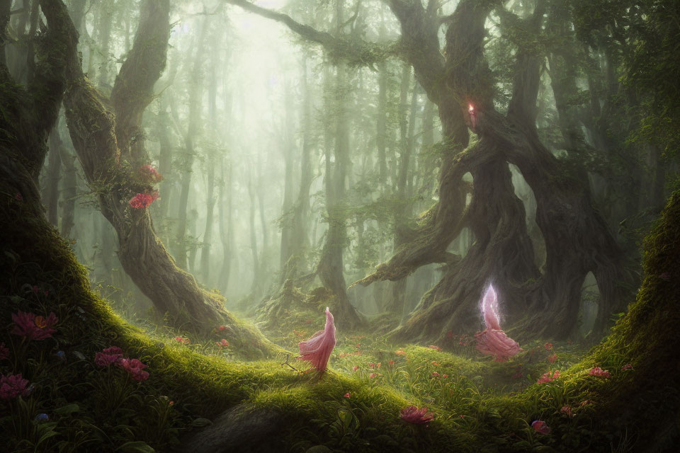 Misty forest with twisted trees, vibrant flora, and glowing crystals