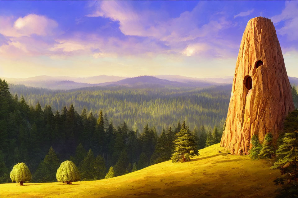 Scenic landscape with tall rock formation and lush forests