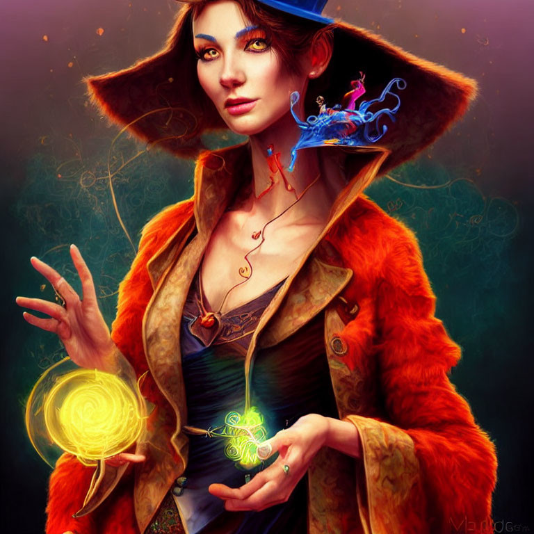 Fantasy sorceress digital artwork with glowing orb and dragon