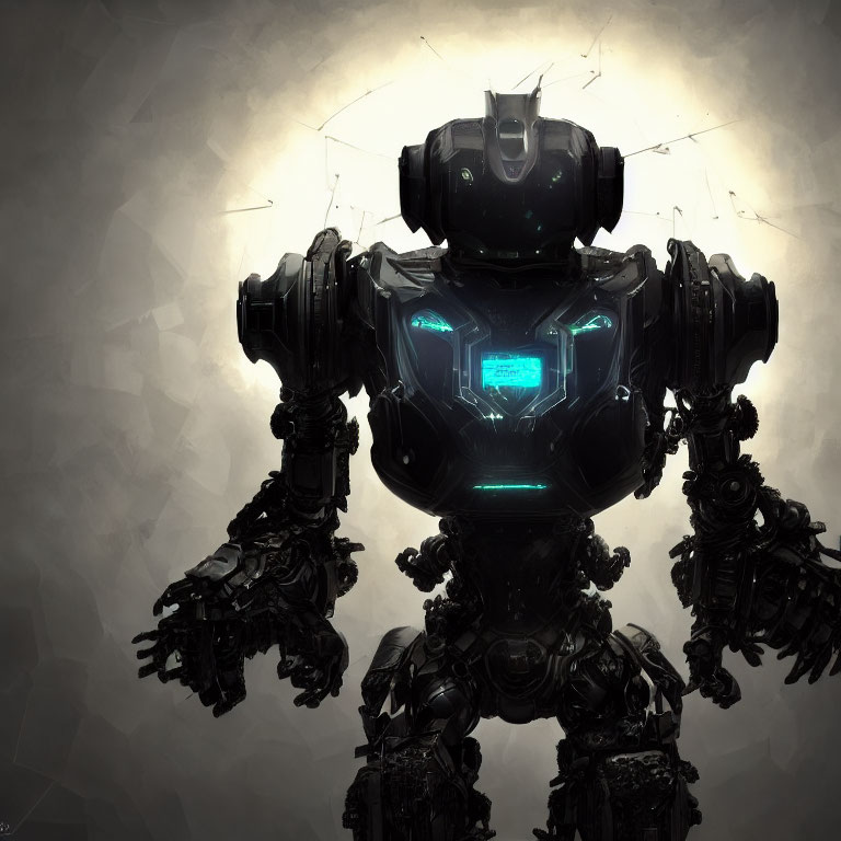 Imposing humanoid robot with glowing eyes in illuminated chest cavity