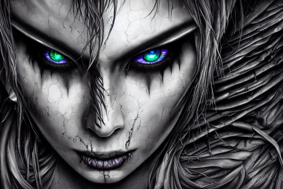 Mystical female figure with intense blue eyes and feathers in digital artwork