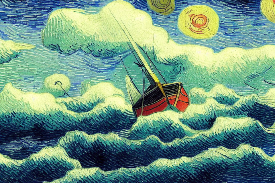 Stylized illustration of boat on tumultuous seas under swirling sky