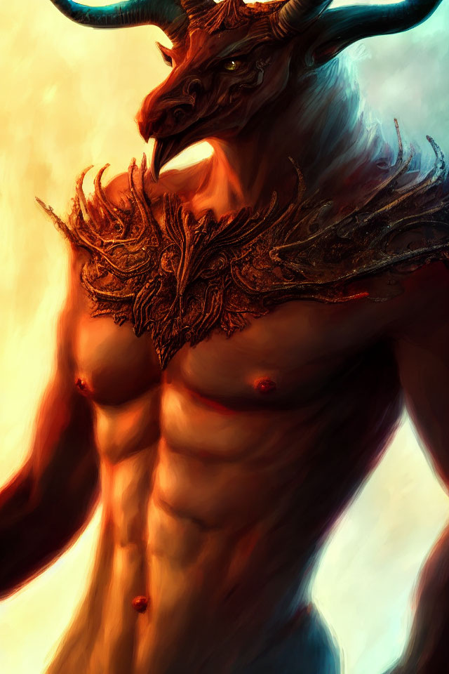 Detailed artwork of muscular humanoid with bull horns and collar armor in fiery setting