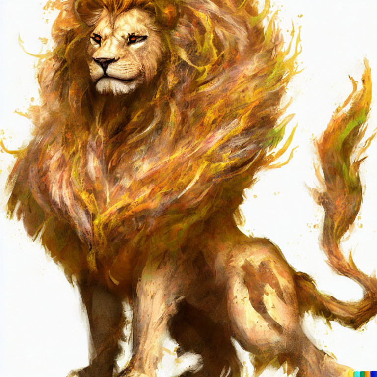 Illustration of lion with fiery mane brushstrokes