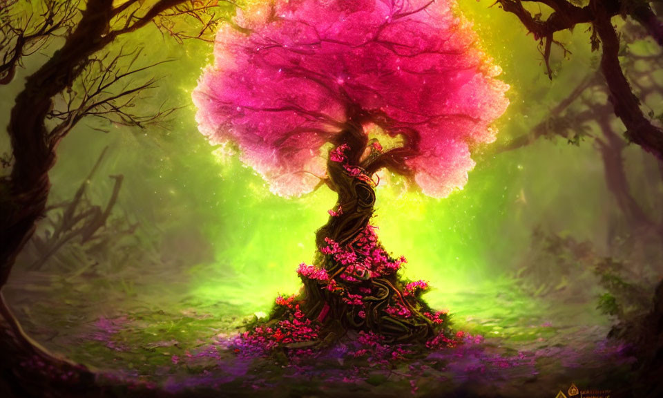 Colorful digital artwork: Mystical tree with pink canopy in green forest