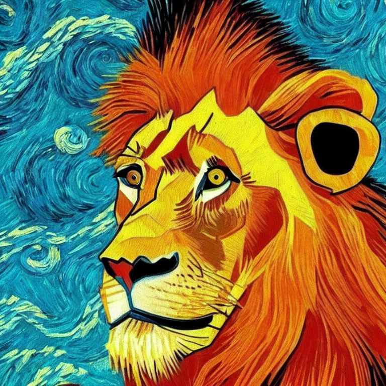 Colorful lion face against swirling blue background reminiscent of "Starry Night