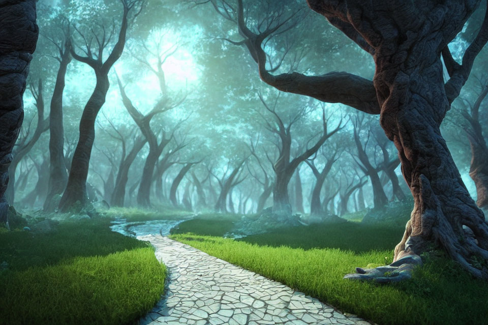 Mystical forest with twisted trees and stone path