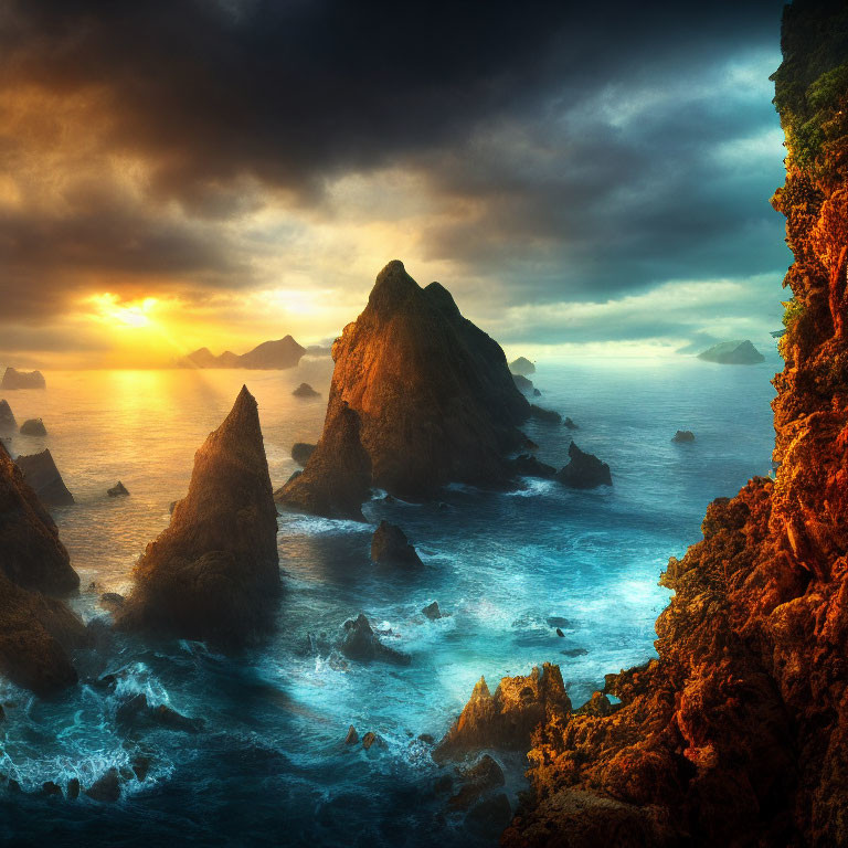 Dramatic ocean landscape with rugged cliffs and rock formations at sunset