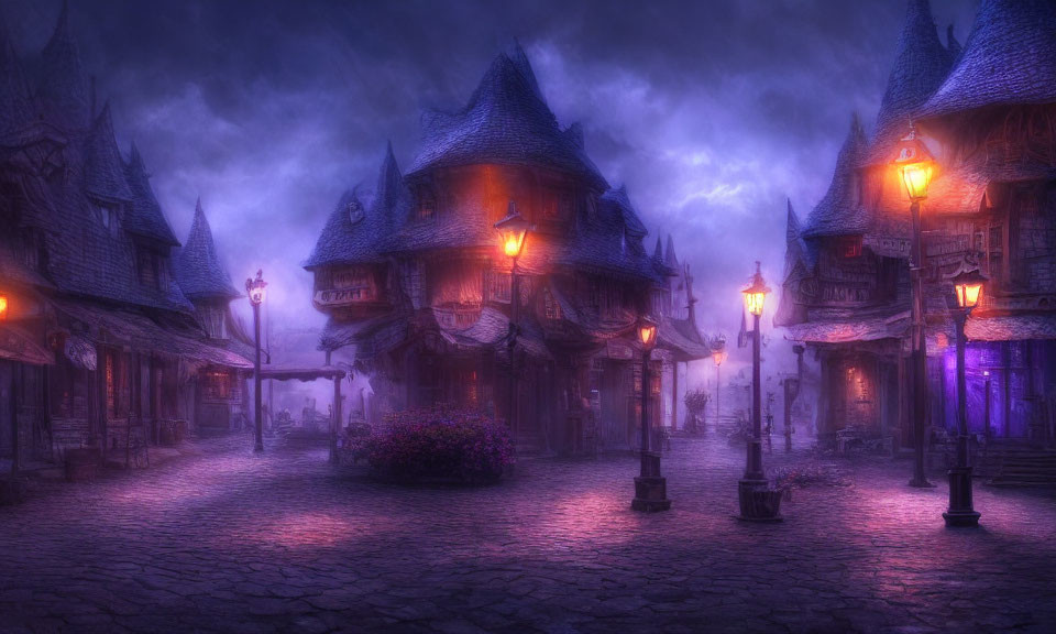 Mystical village at twilight: cobblestone streets, lanterns, purple fog.