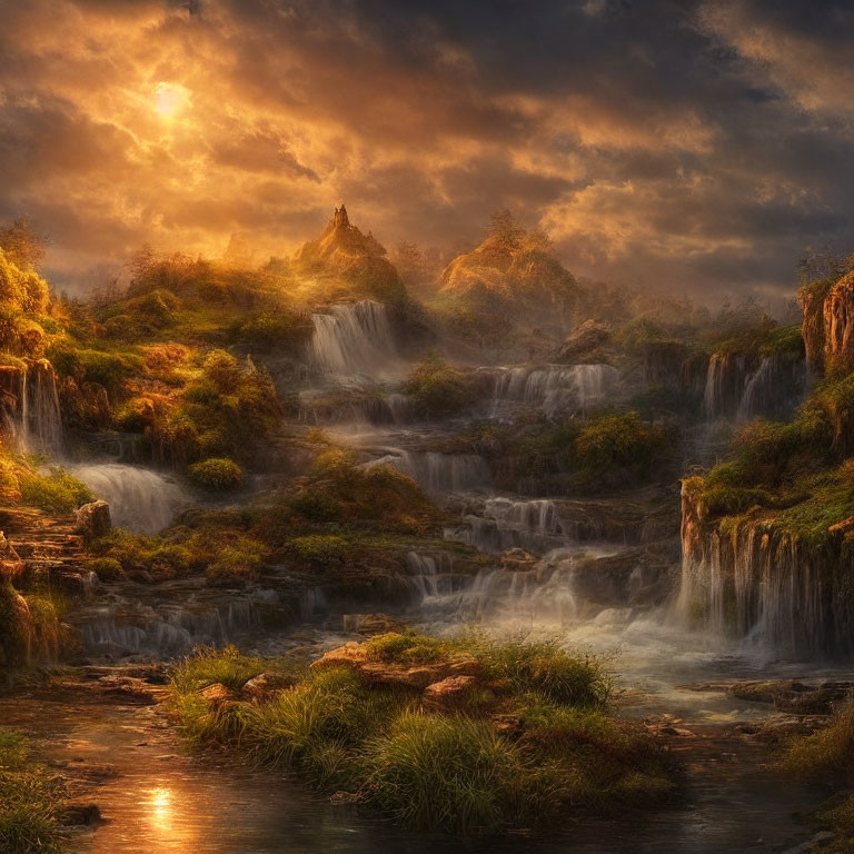 Mystical landscape with cascading waterfalls and lush green hills