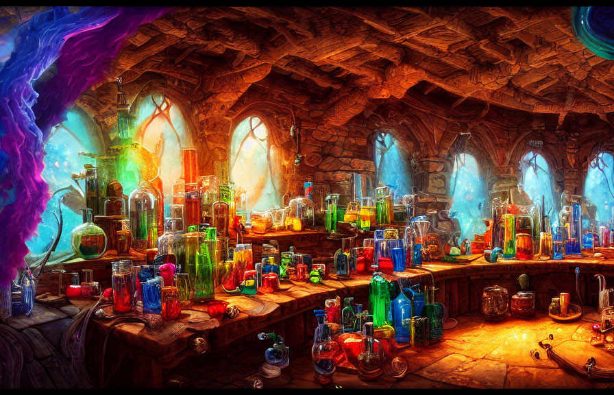 Colorful Alchemist's Laboratory with Bottles and Potions