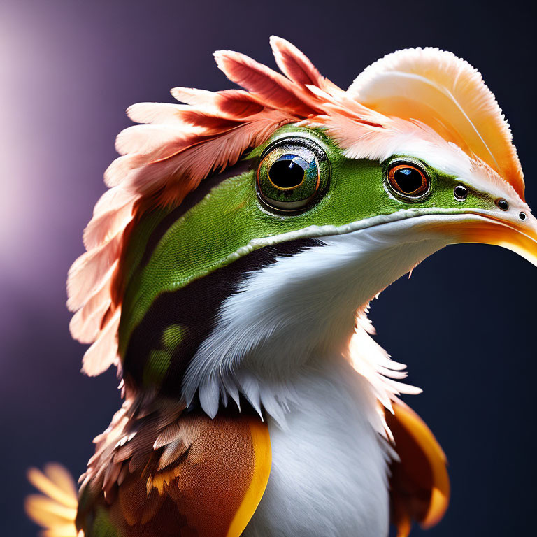 Digital artwork of creature with bird's beak and frog-like eyes on dark background