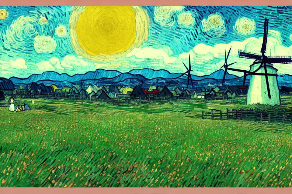 Vibrant Countryside Painting with Swirling Skies and Sun