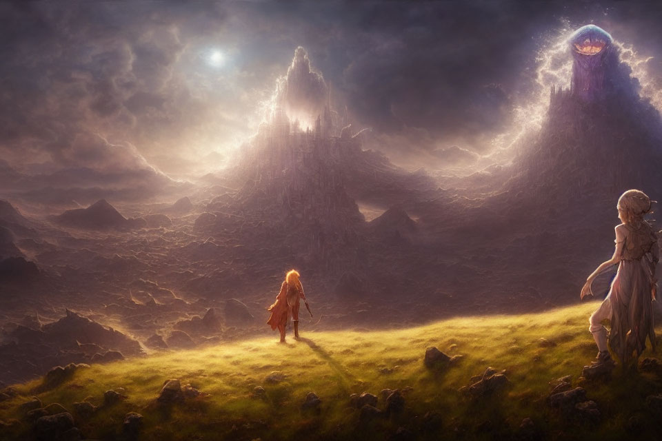 Fantasy landscape with girl, dark castle, giant creature, and statue under stormy sky