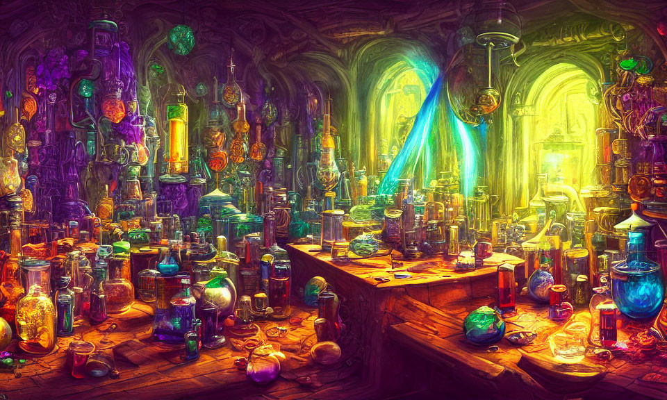 Vibrant alchemist's lab with colorful potions and magical artifacts