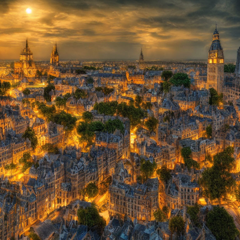 Cityscape at Sunset: Detailed Architecture and Trees in Golden Light