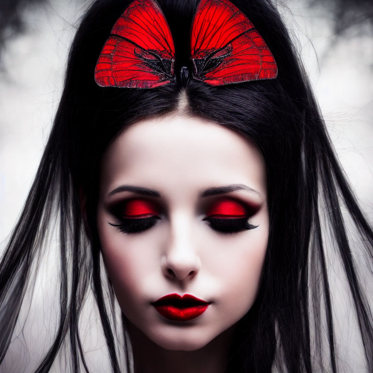 Woman with Red Makeup and Butterfly in Hair on Monochrome Background